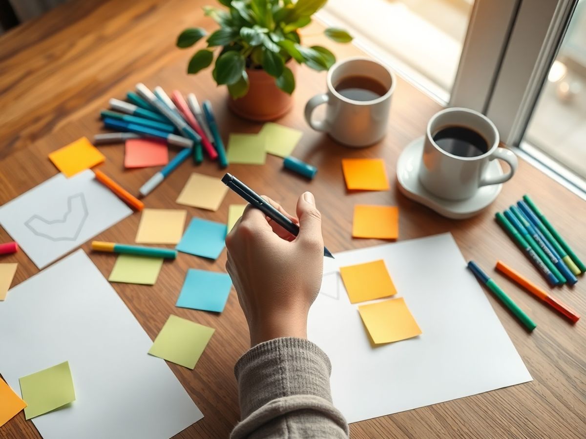 Mâini schiţând pe hârtie, note lipicioase colorate, lumină naturală caldă.