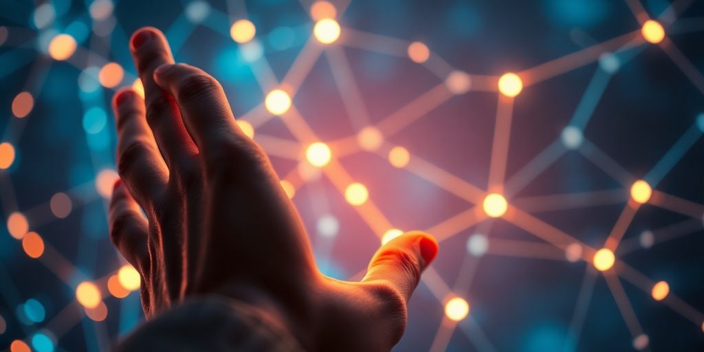Human hand touching glowing digital brain network.