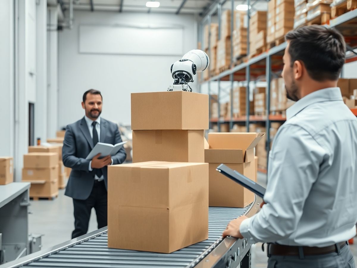 Braț robotic sortând cutii lângă un lucrător atent la birou.