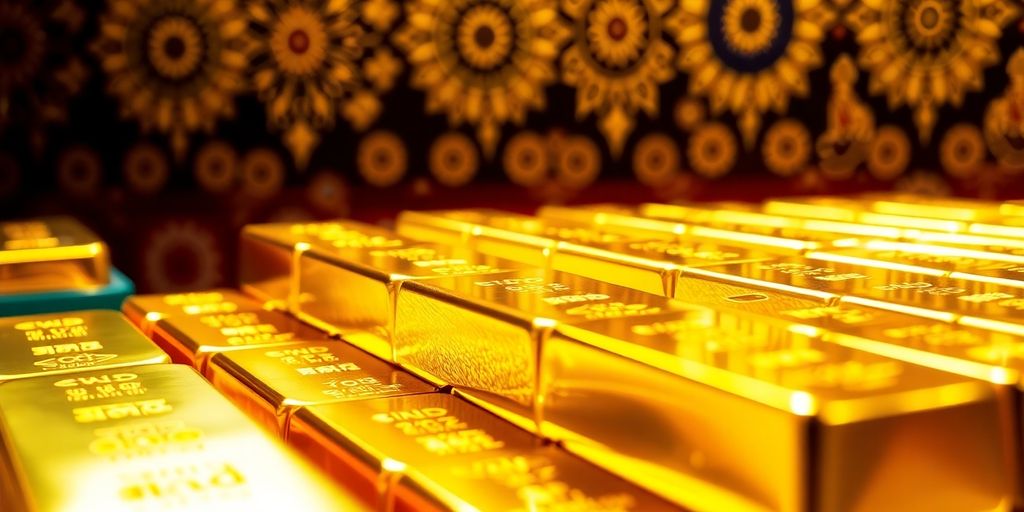 Barres d'or brillantes sur fond indien traditionnel.