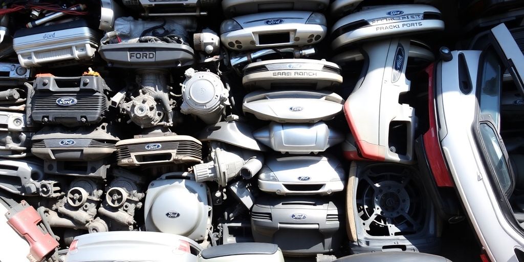 A pile of assorted recycled Ford car parts.