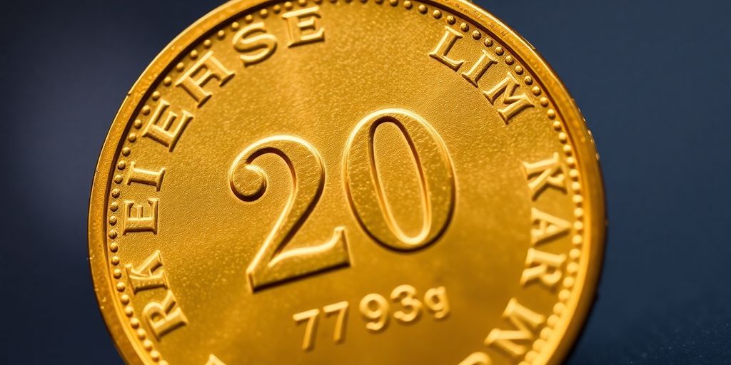 Monnaie de 20 Reichsmark en or avec détails.
