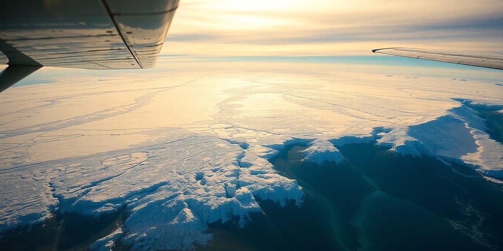 Small plane flying over a vast, sunlit Alaskan glacier.