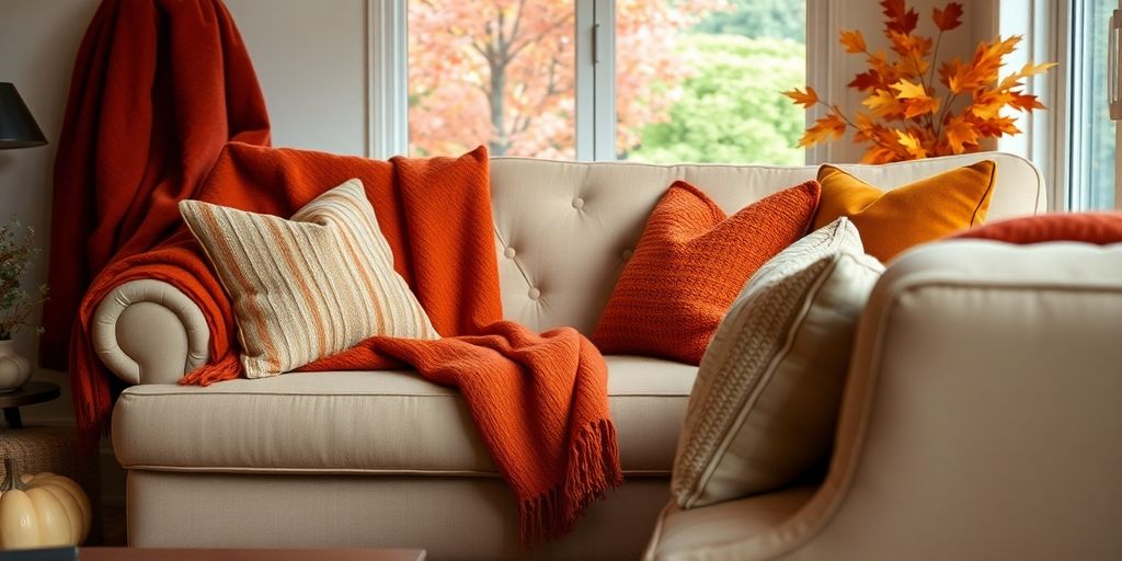 Cozy autumn textiles in warm colors on a sofa.