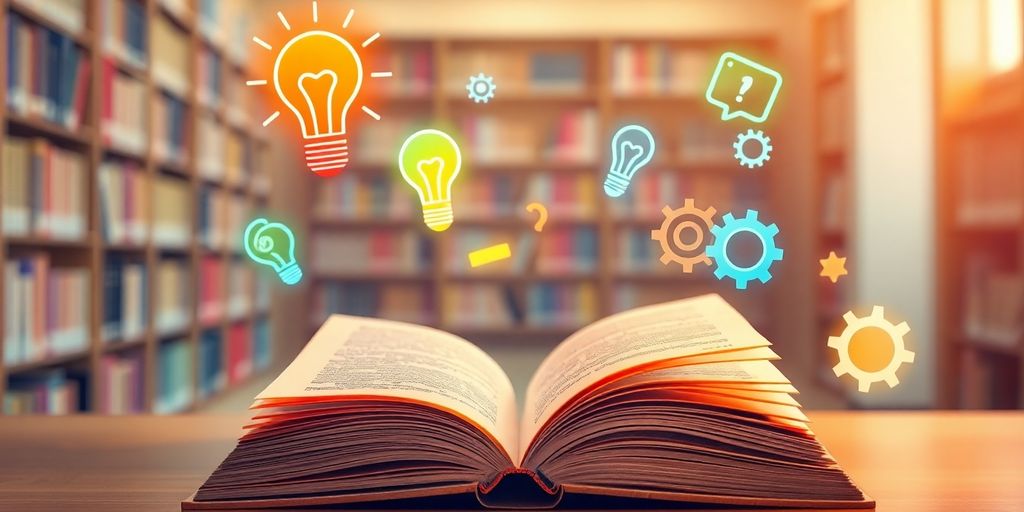 An open book with glowing knowledge symbols around it.