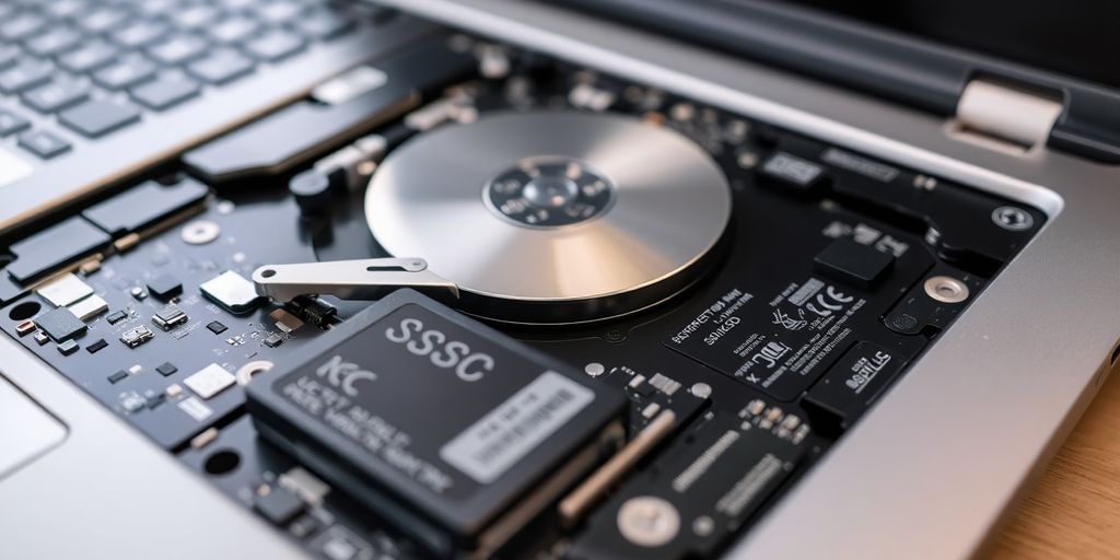 Componentes de armazenamento de laptop em foco.