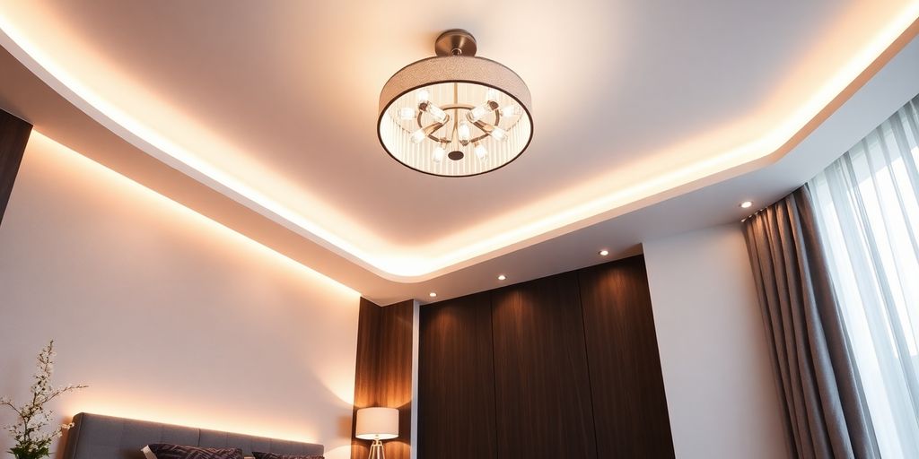 Modern bedroom with stylish ceiling light fixture.