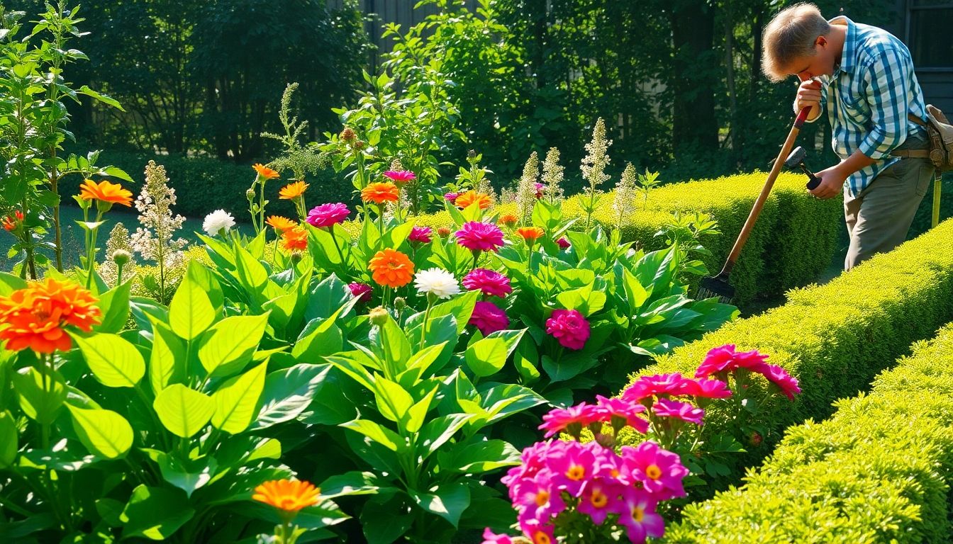 A gardener maintaining a beautiful, vibrant garden in London.