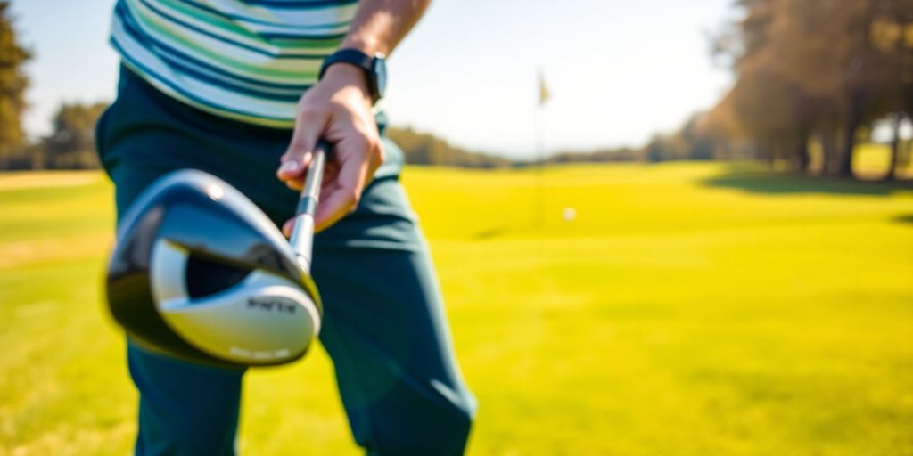 Golfer chips ball onto green.