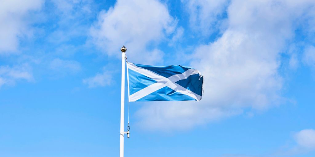 a blue and white flag flying in the wind