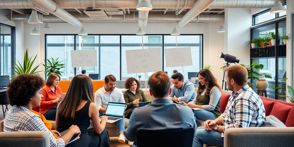 Diverse team collaborating in a modern startup office.