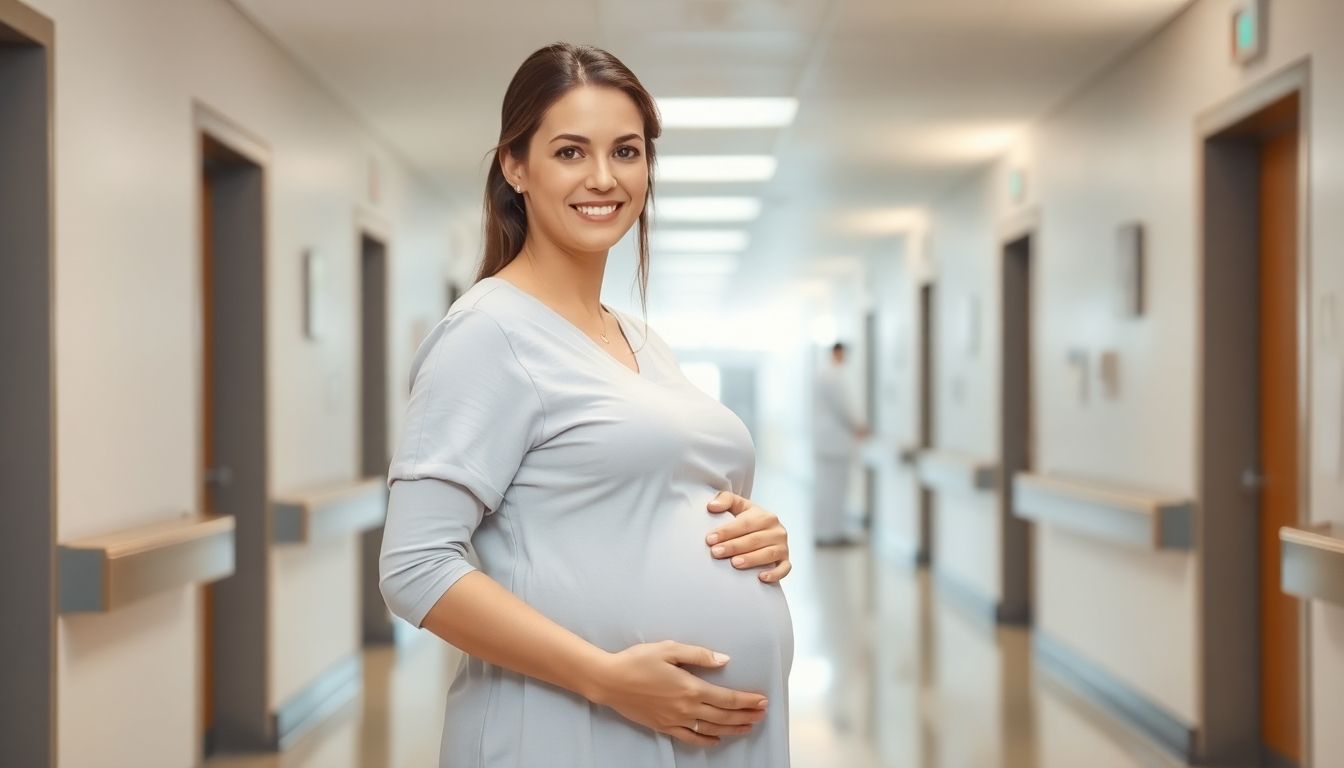 Pregnant woman smiling in hospital.
