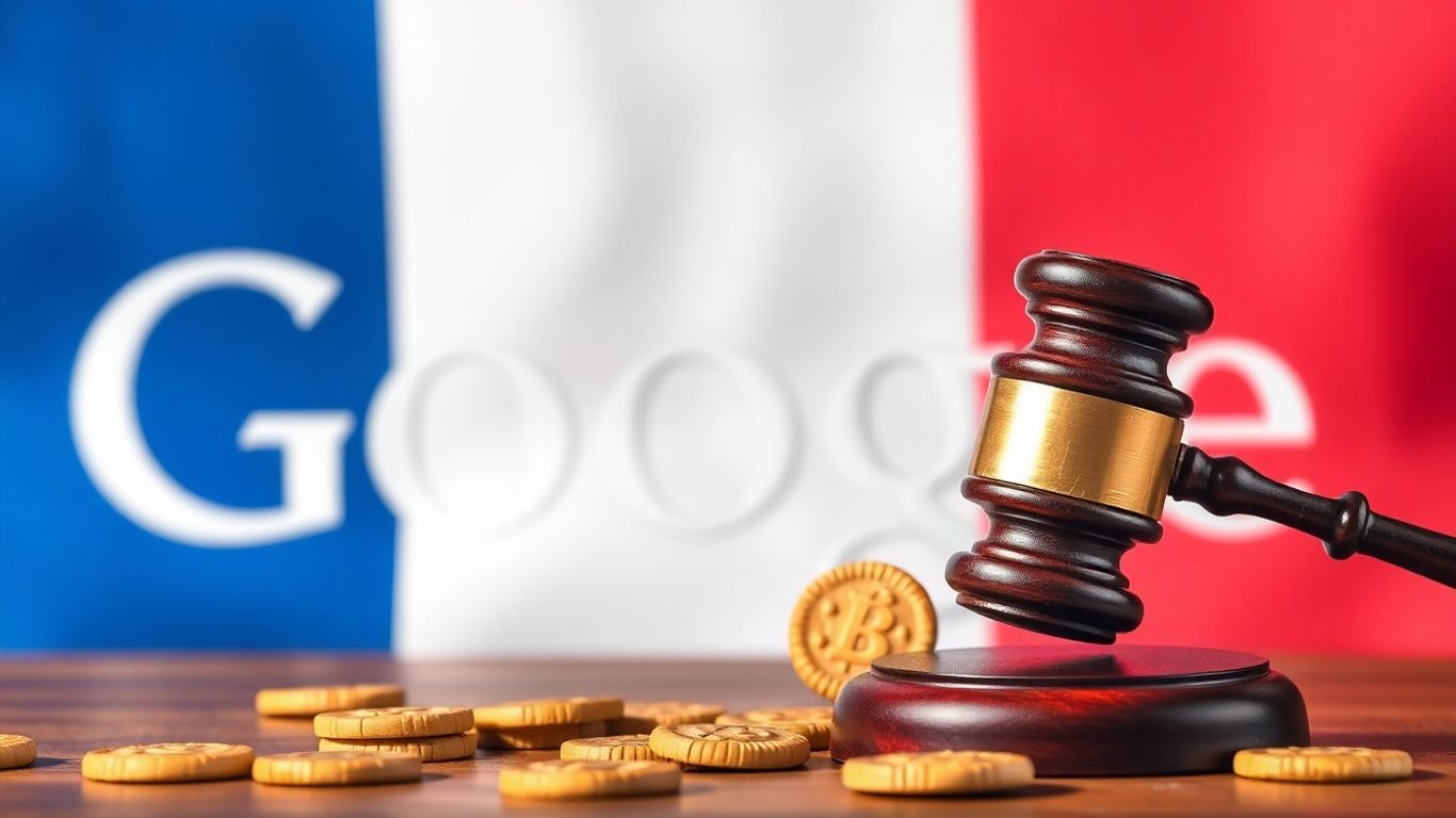 Gavel near Google logo with cookies and French flag.