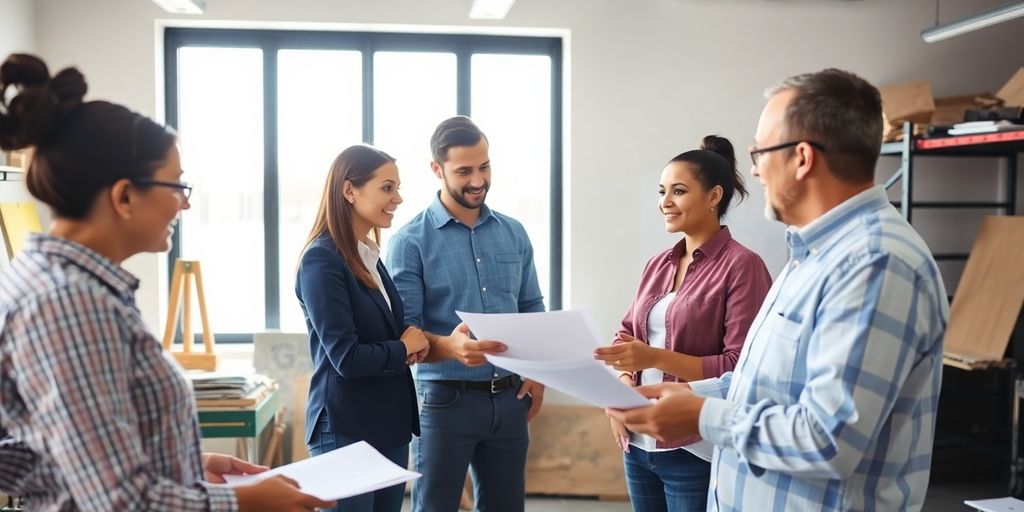 Restoration team discussing plans with clients in an office.