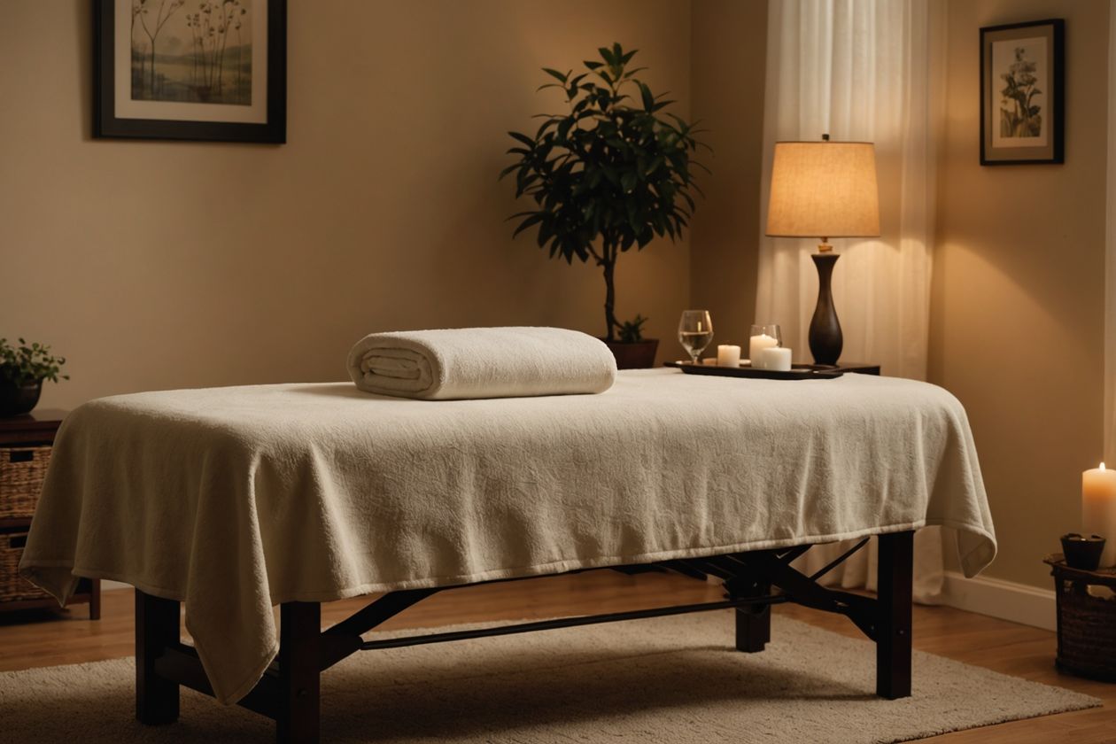 Home massage setup with table and soft lighting