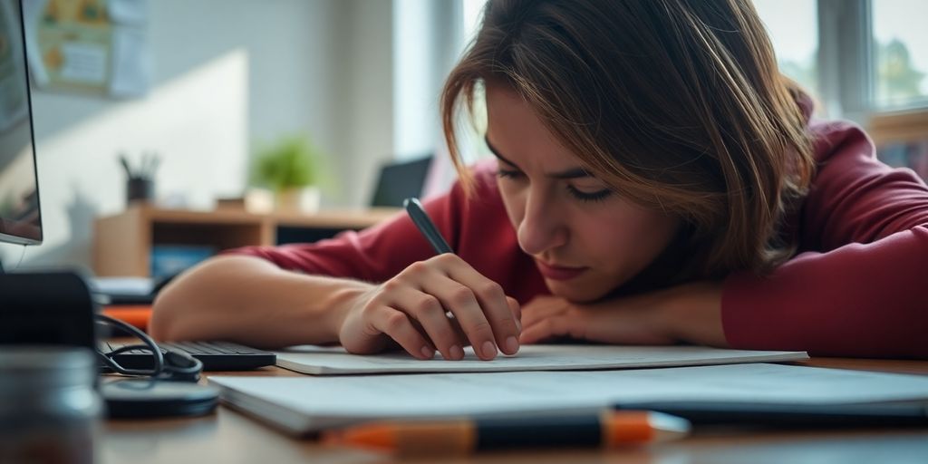 Person focused on task, productive work environment.