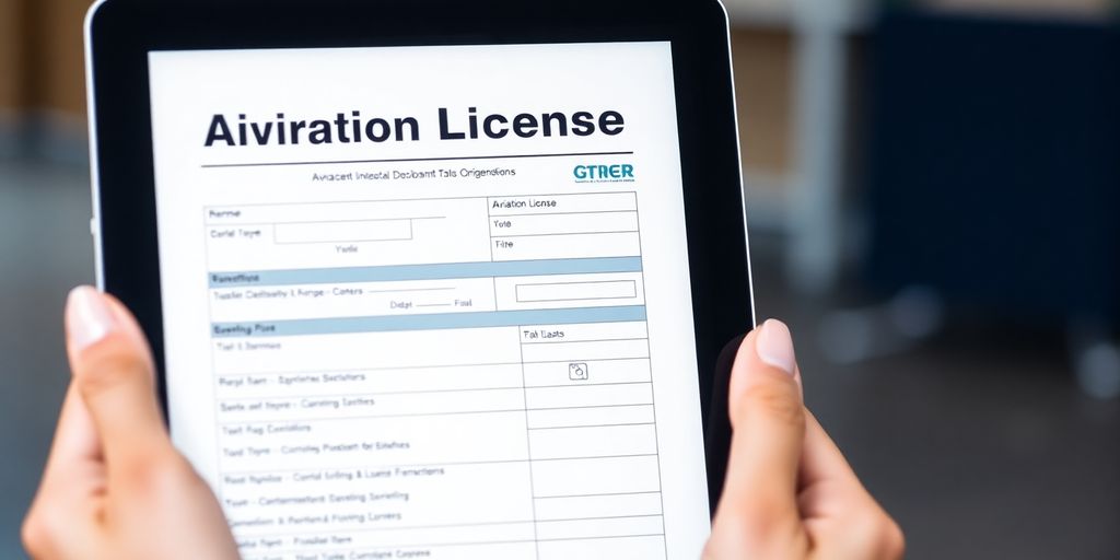 Tablette affichant des documents de licence aéronautique à l'écran.