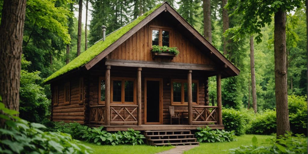 A well-maintained wooden cabin with a polished finish, nestled in a green forest, highlighting the benefits of professional staining.