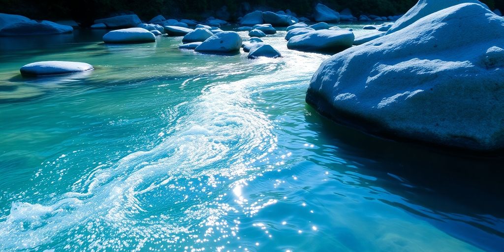 Water flowing over large blue rocks.
