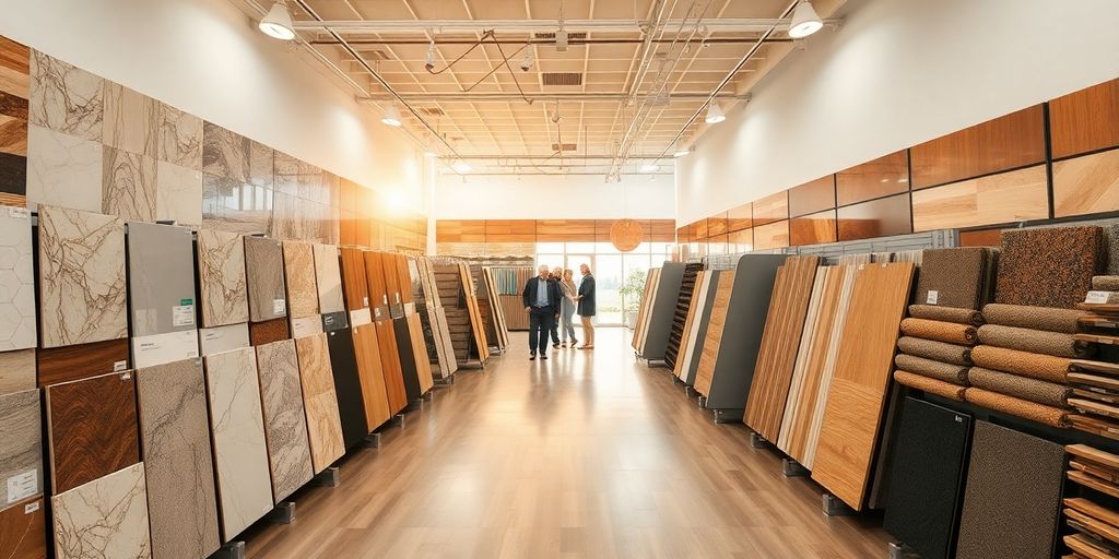 Brightly lit tile and flooring showroom interior.