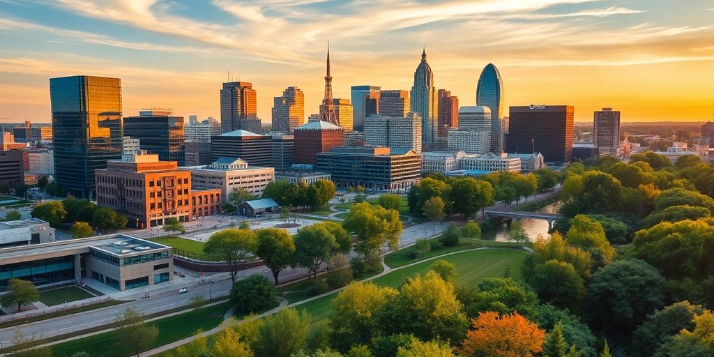 Columbus skyline at sunset with river and parks.