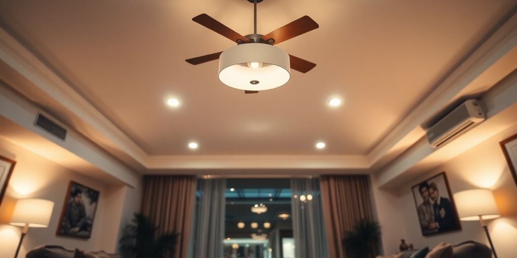 Cozy living room illuminated by warm, energy-efficient ceiling lights.
