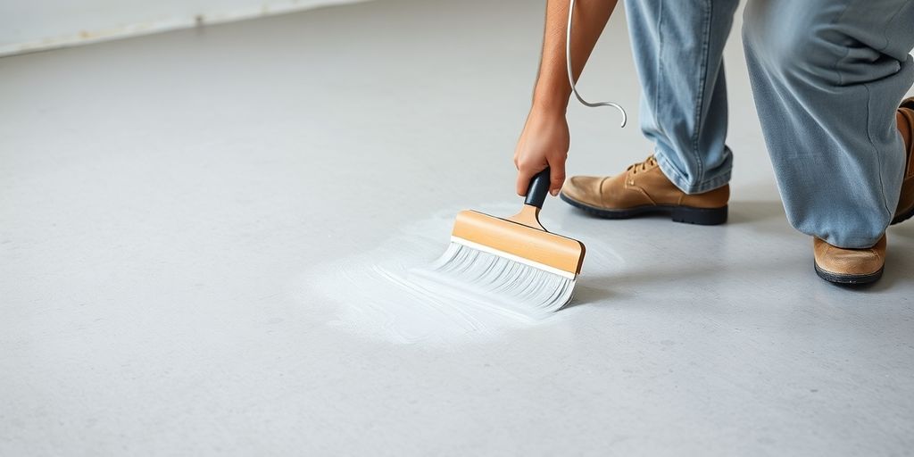 Painter applying primer to concrete floor.