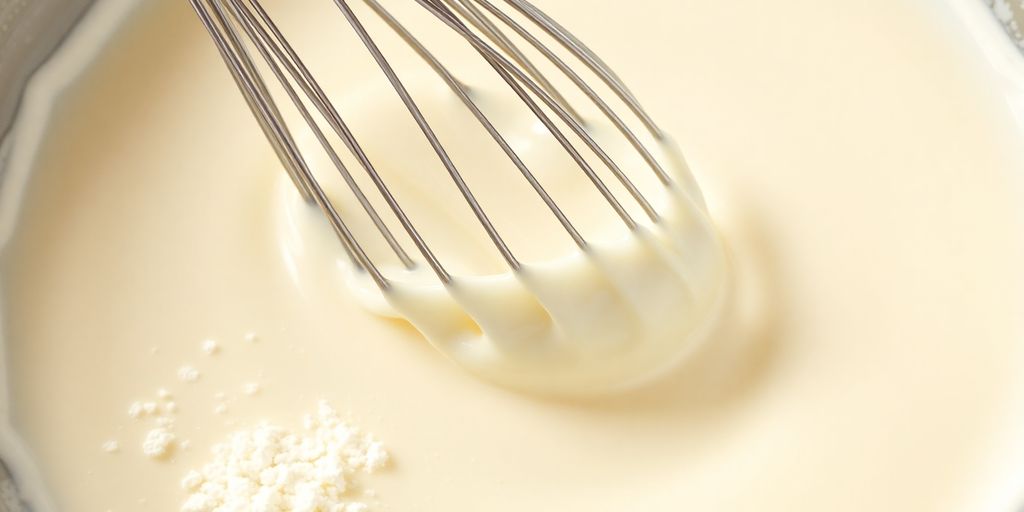 Milk and starches being whisked in a kitchen.