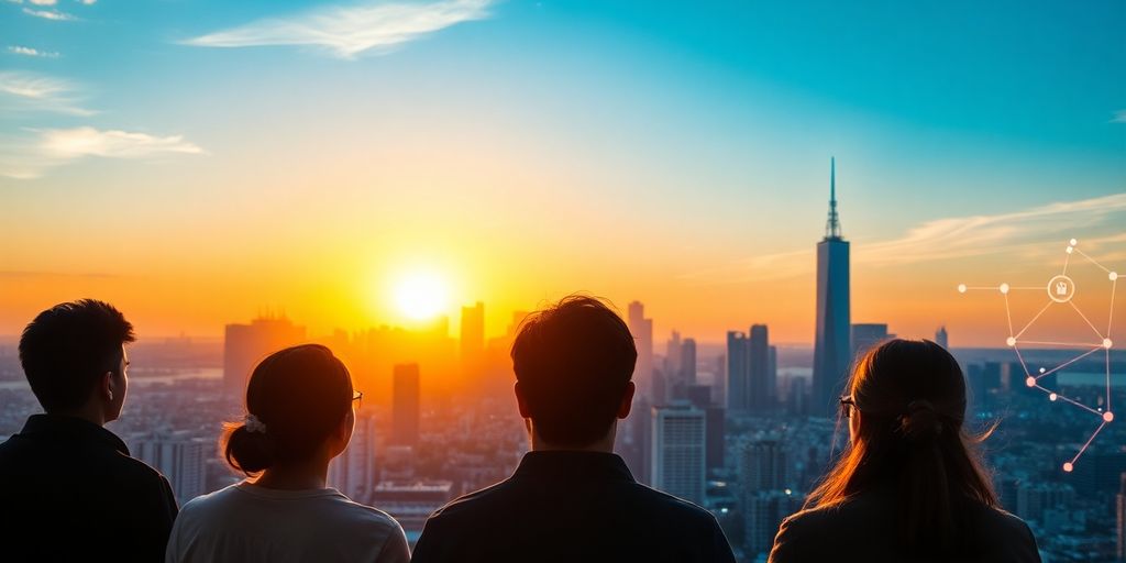 City skyline, rising sun, technology overlay, diverse startup team.