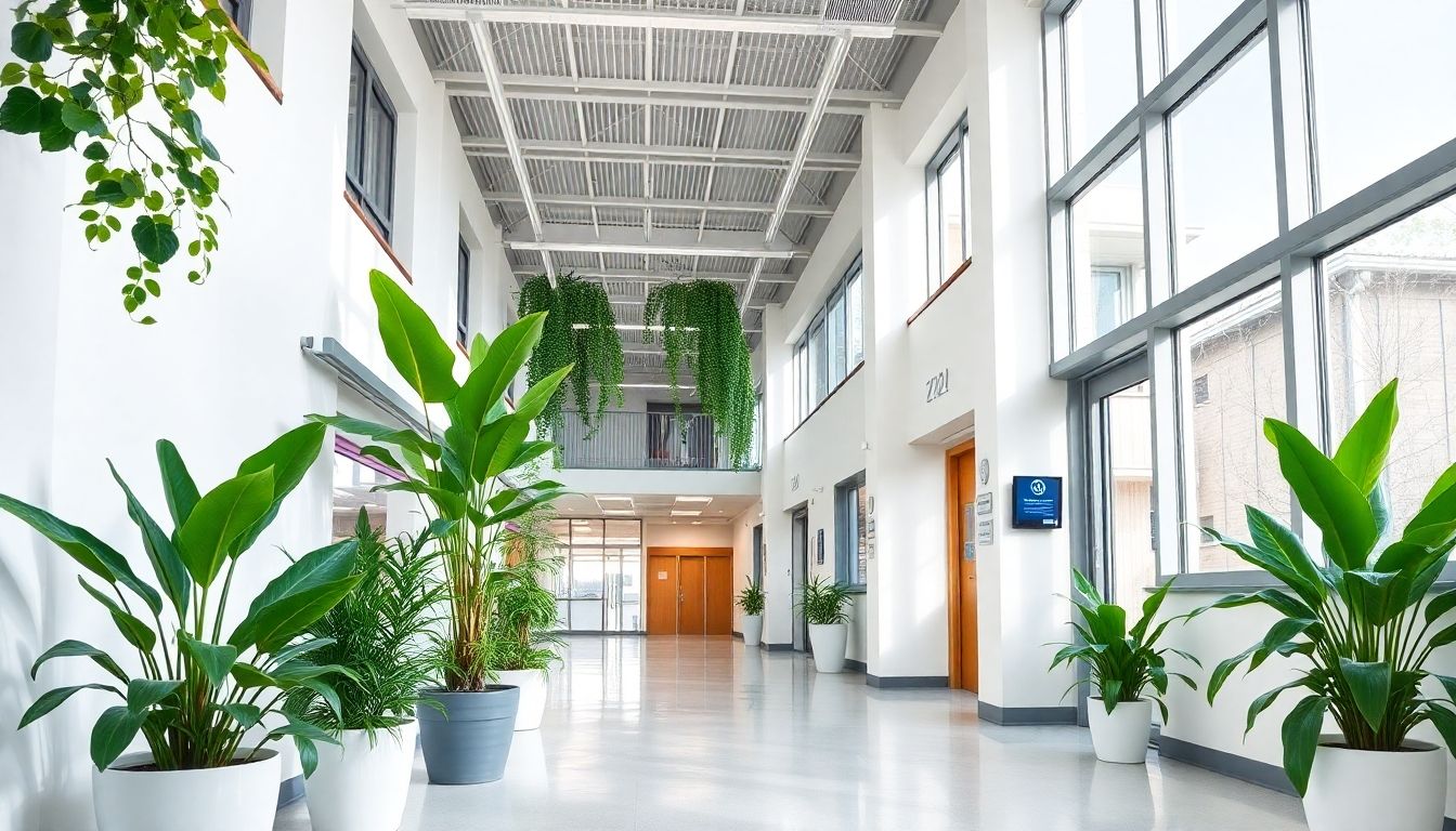 Modern healthcare facility with plants and natural light.