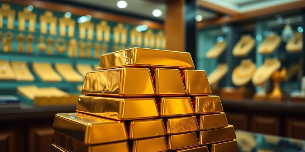 Barres d'or empilées dans une bijouterie.