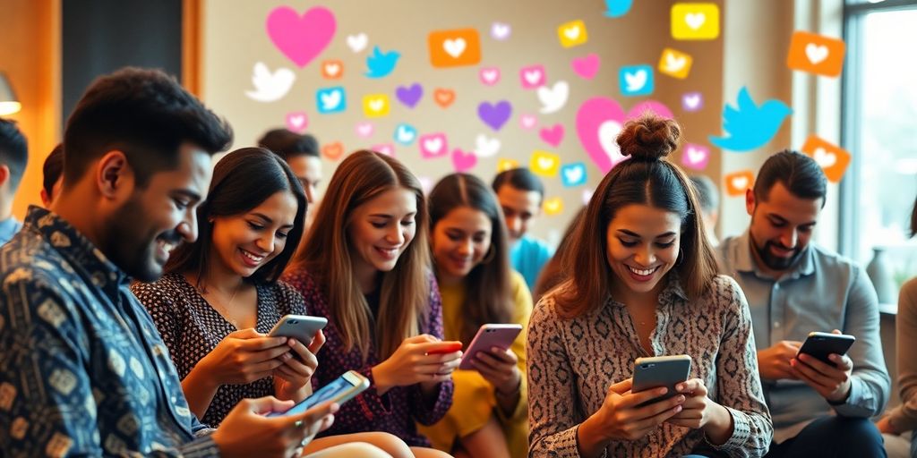 Diverse people connecting over social media in a lively setting.