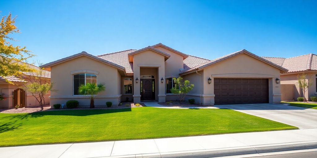 Modern home in Henderson, NV with clear skies.