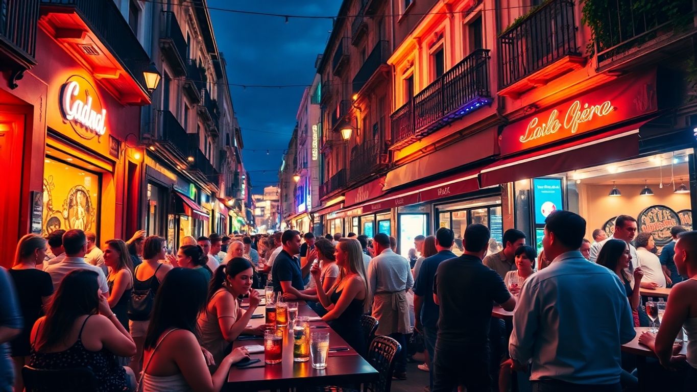 Lively nightlife scene in Barcelona with vibrant colors.