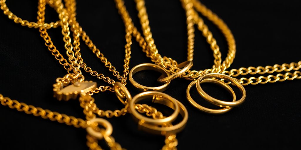 Una pila de joyas de oro brillante sobre un fondo oscuro.