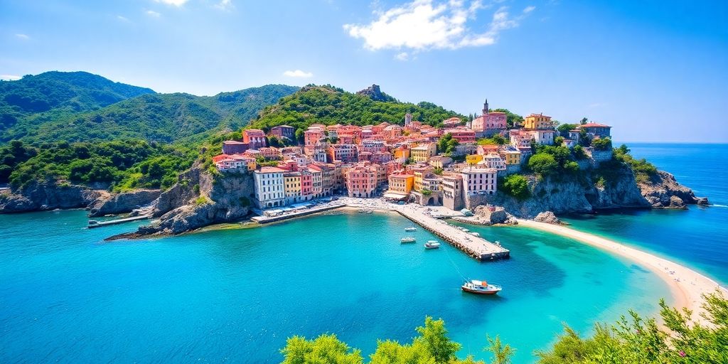 Blick auf die Küste von Ligurien mit bunten Dörfern.