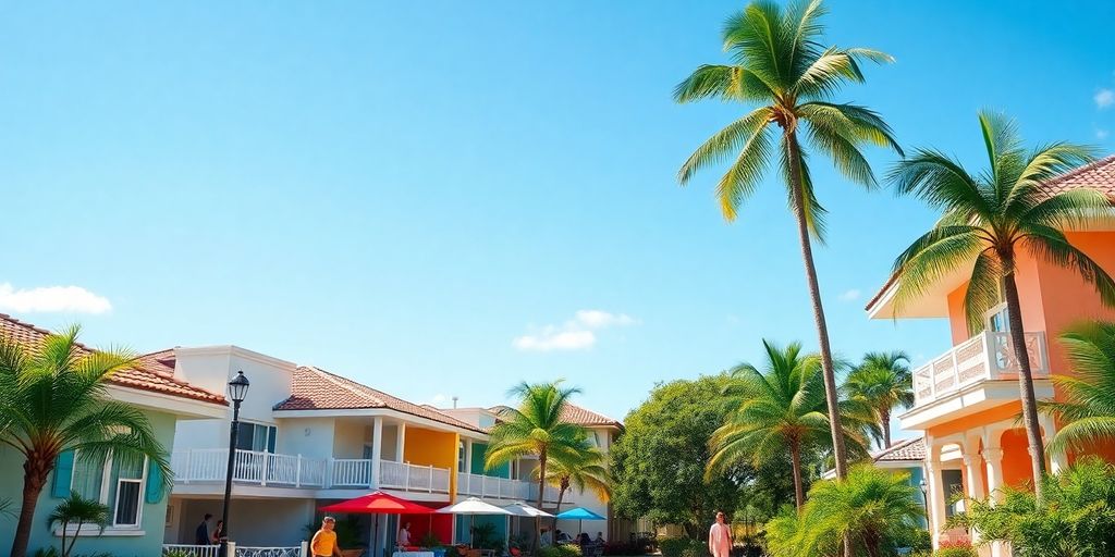 Vibrant Miami Dade neighborhood with colorful houses and palm trees.