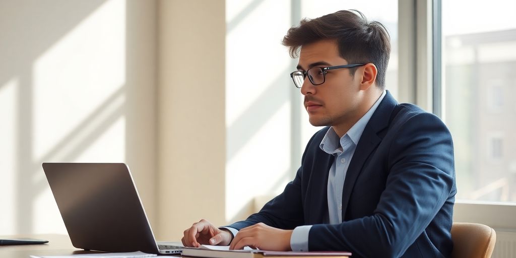 Job applicant considering cover letter importance at desk.