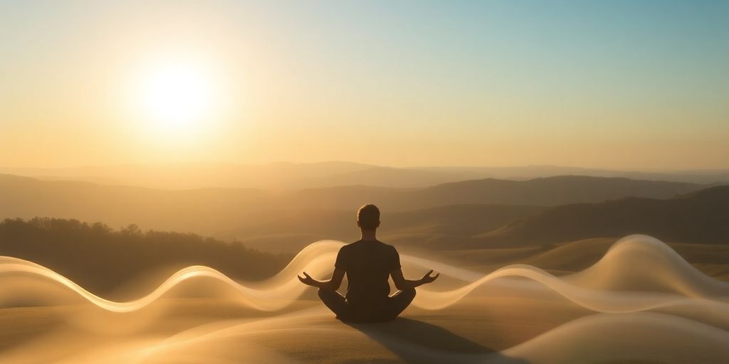 Meditative figure in a serene landscape with energy waves.