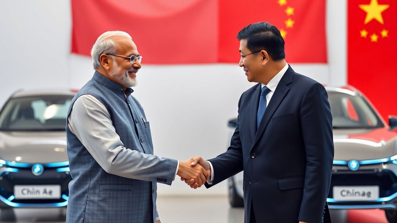 Indian and Chinese businessmen collaborating on electric vehicle technology.