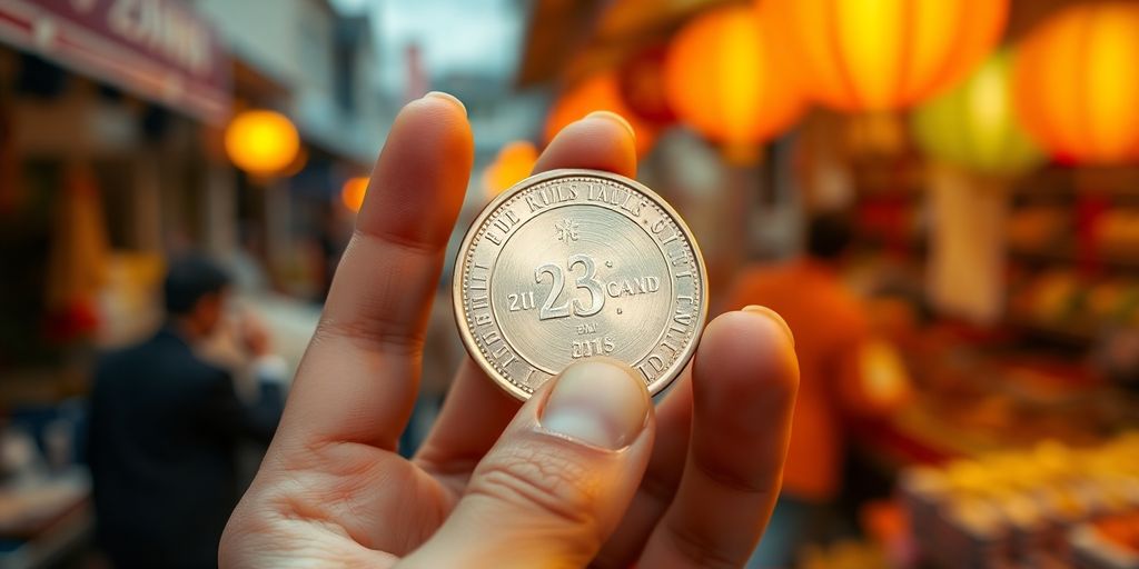 Main asiatique tenant une pièce d'argent brillante