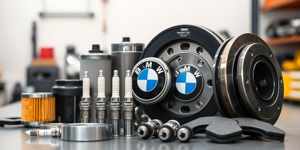 Genuine BMW parts laid out neatly.