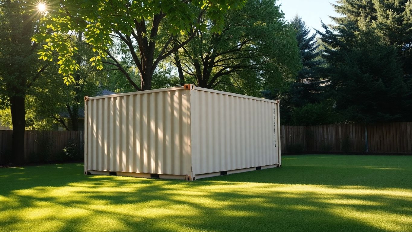 Shipping container in residential backyard, partially obscured by trees.