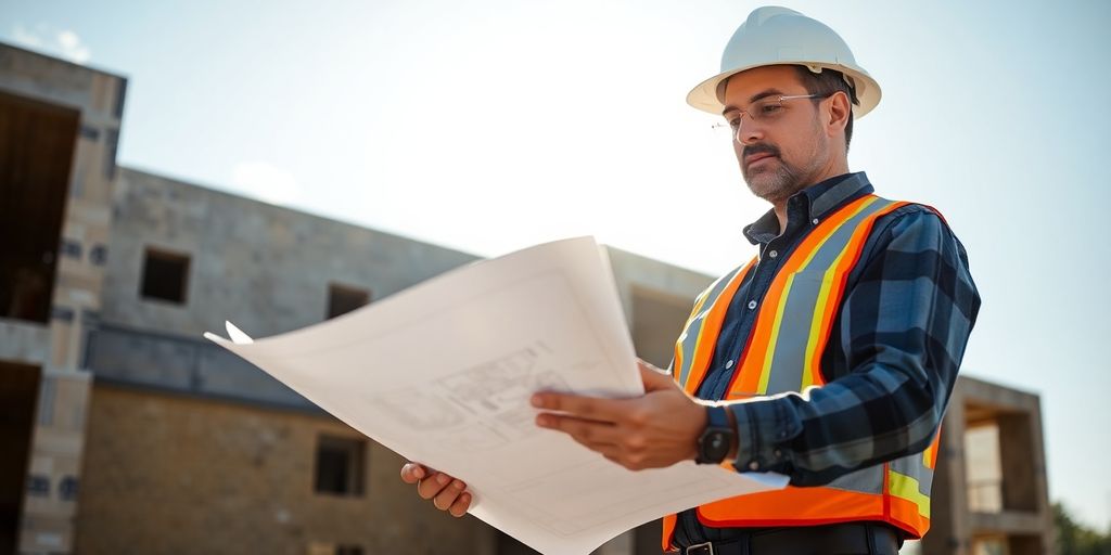 Roswell contractors examining blueprints.