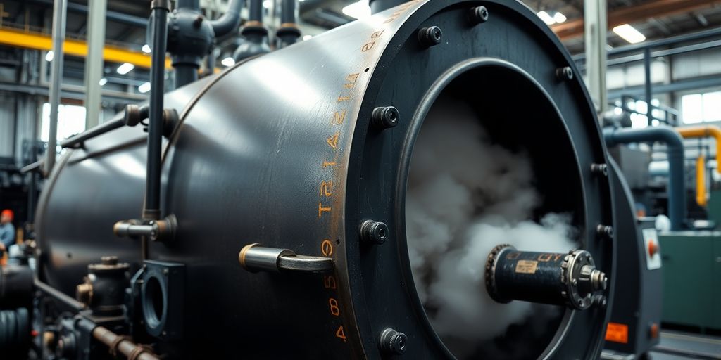 Industrial steam boiler in a manufacturing environment.
