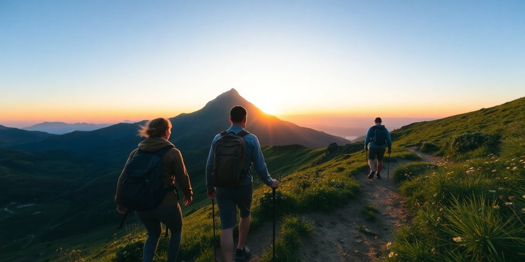 Hikers on mountain trail, vibrant sunset.