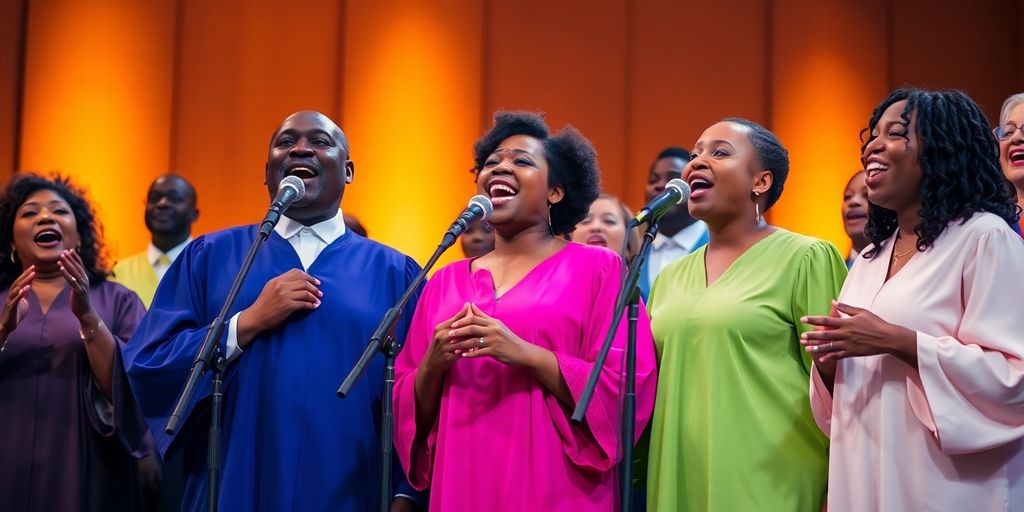 Choir singing, bright lights, vibrant stage.