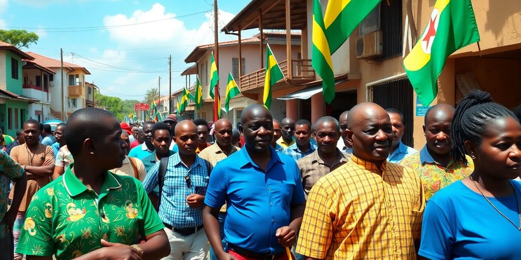 Scène de rue au Gabon avec des discussions politiques.