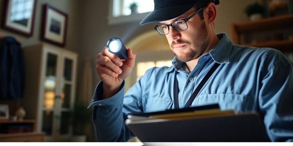 Home inspector examining a property with a flashlight.