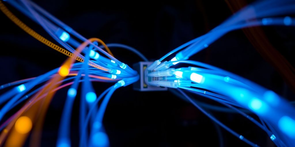 Glowing fiber optic cables connecting to a main hub.